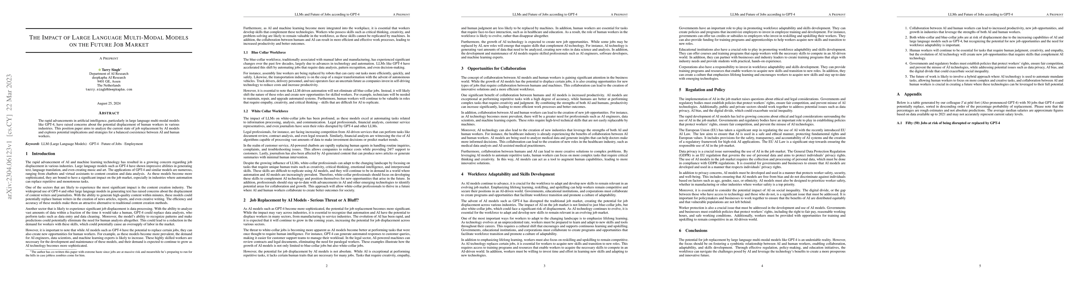 Thumbnail for The Impact of Large Language Multi-Modal Models on the Future of Job
  Market