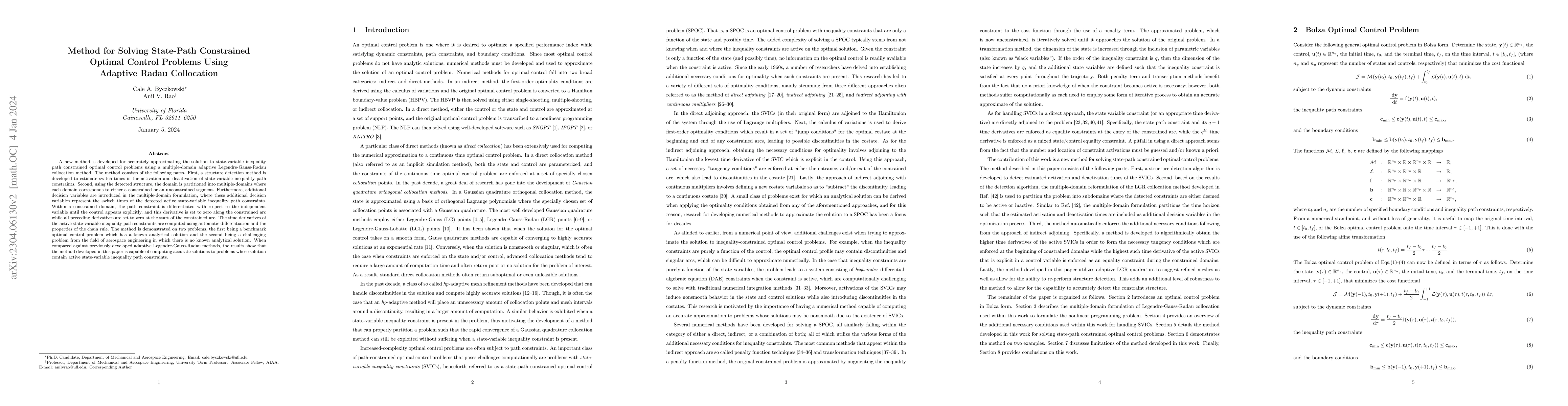 Thumbnail for Method for Solving State-Path Constrained Optimal Control Problems Using
  Adaptive Radau Collocation