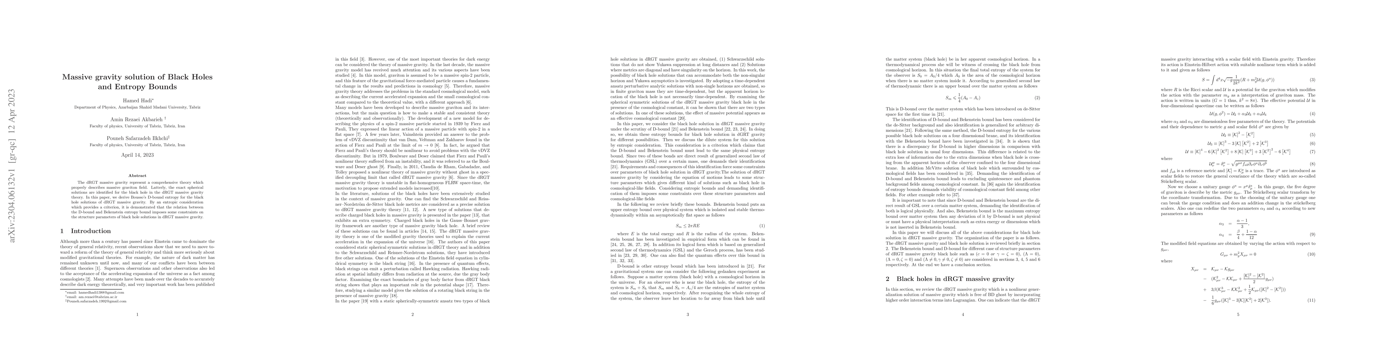 Thumbnail for Massive gravity solution of Black Holes and Entropy Bounds
