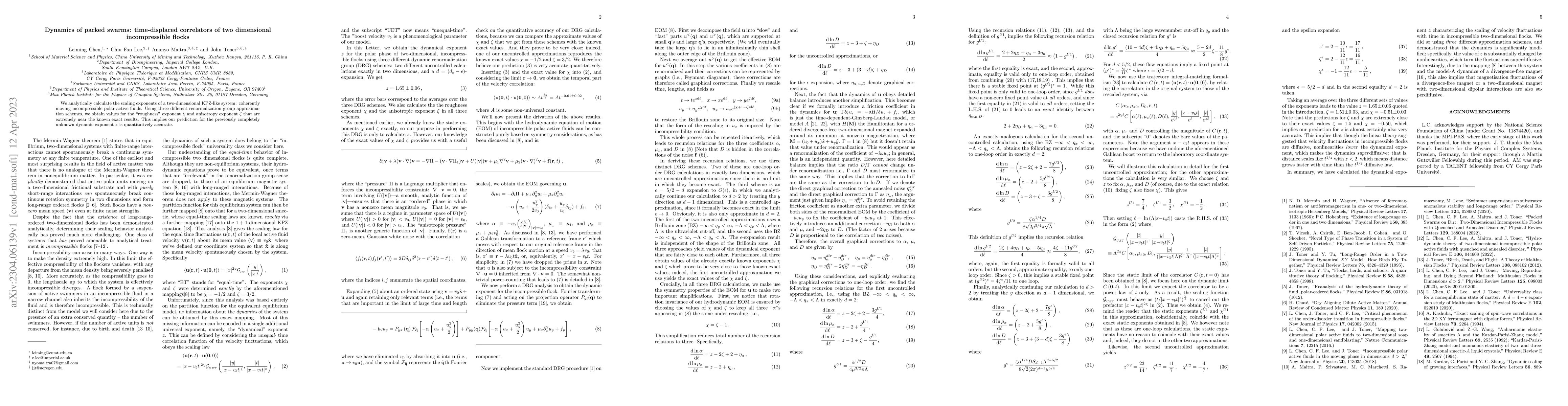 Thumbnail for Dynamics of packed swarms: time-displaced correlators of two dimensional
  incompressible flocks