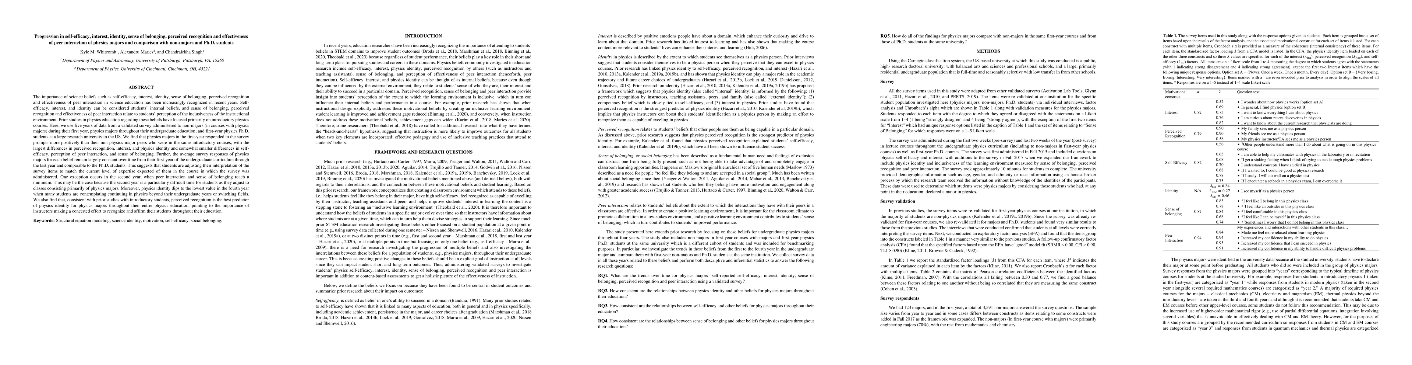 Thumbnail for Progression in self-efficacy, interest, identity, sense of belonging,
  perceived recognition and effectiveness of peer interaction of physics majors
  and comparison with non-majors and Ph.D. students