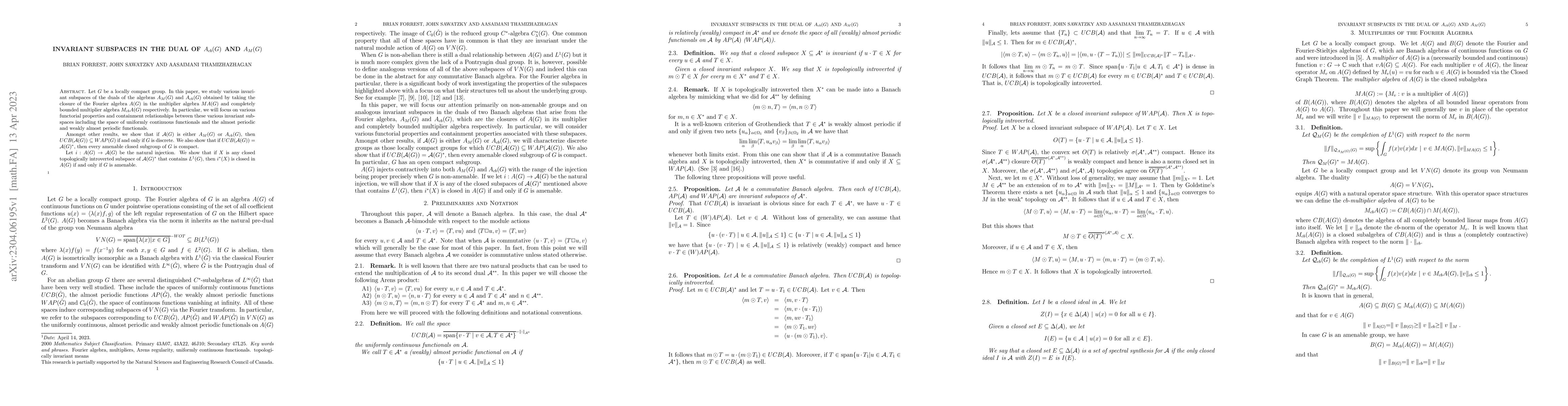 Thumbnail for Invariant Subspaces in the Dual of $A_{cb}(G)$ and $A_M(G)$