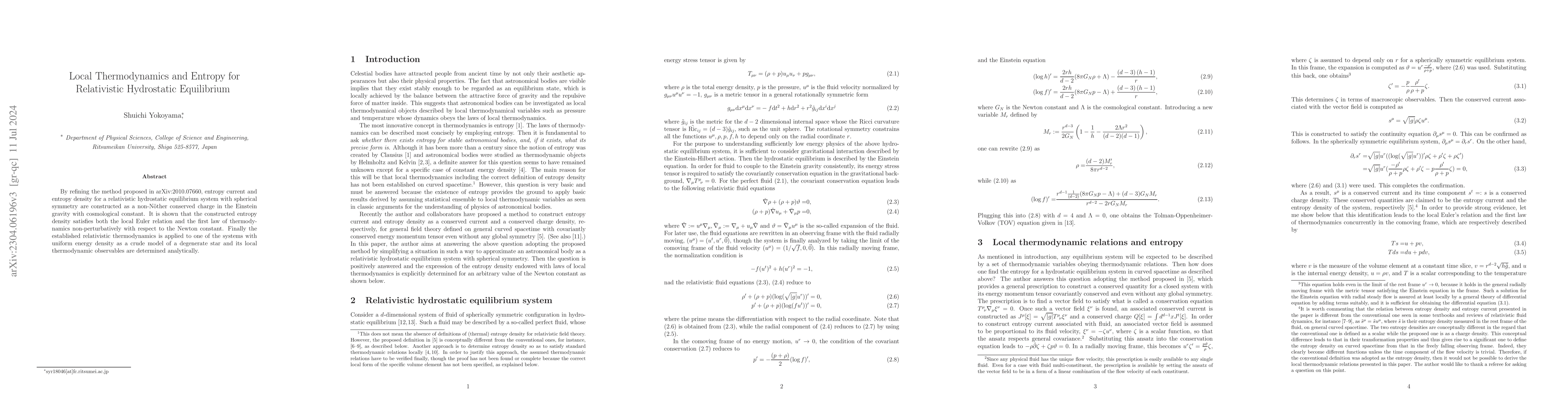 Thumbnail for Local Thermodynamics and Entropy for Relativistic Hydrostatic
  Equilibrium