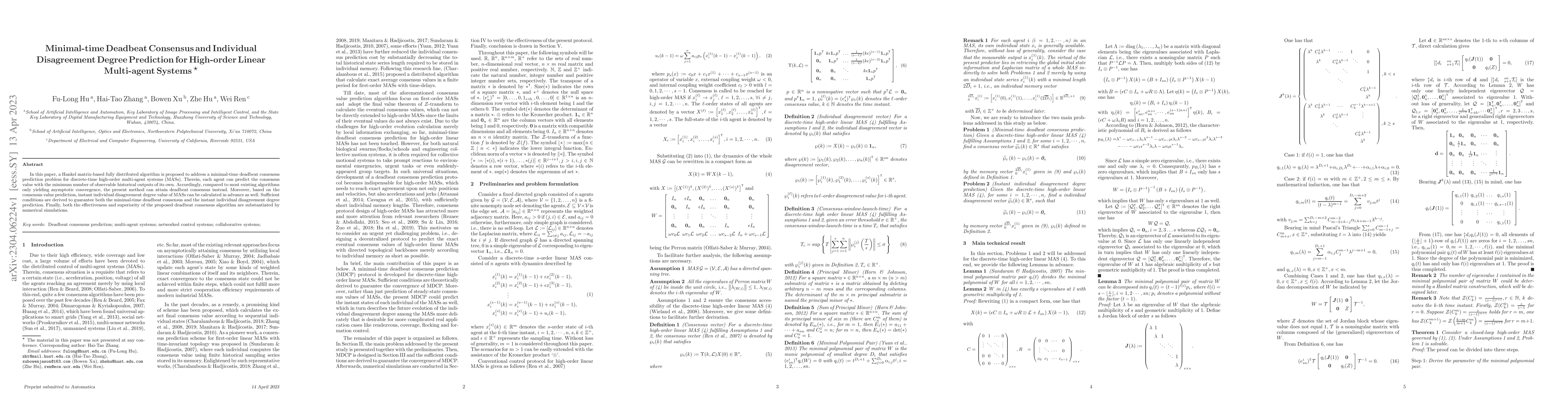 Thumbnail for Minimal-time Deadbeat Consensus and Individual Disagreement Degree
  Prediction for High-order Linear Multi-agent Systems
