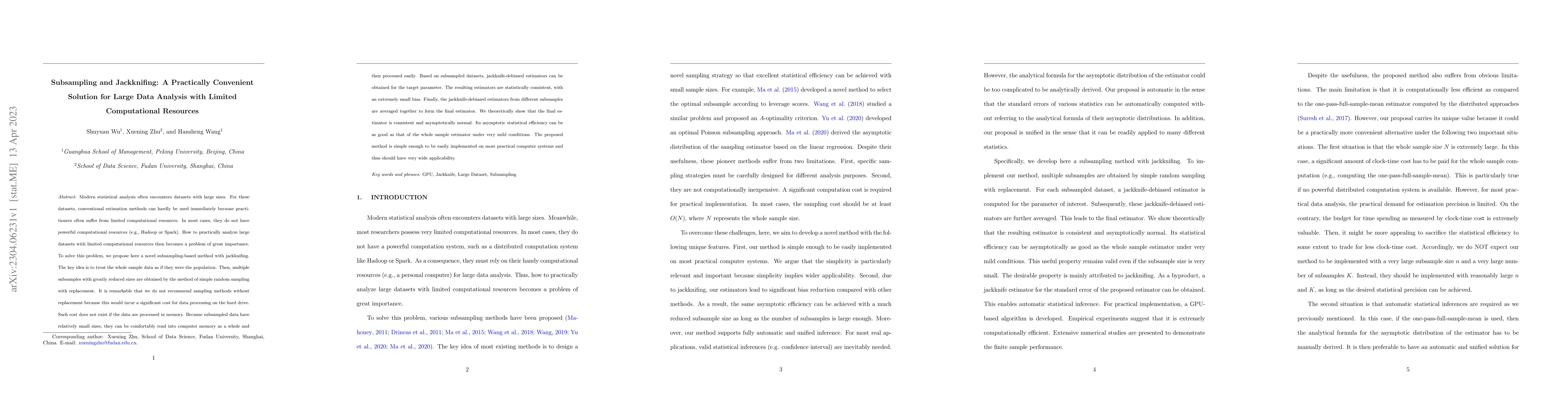Thumbnail for Subsampling and Jackknifing: A Practically Convenient Solution for Large
  Data Analysis with Limited Computational Resources