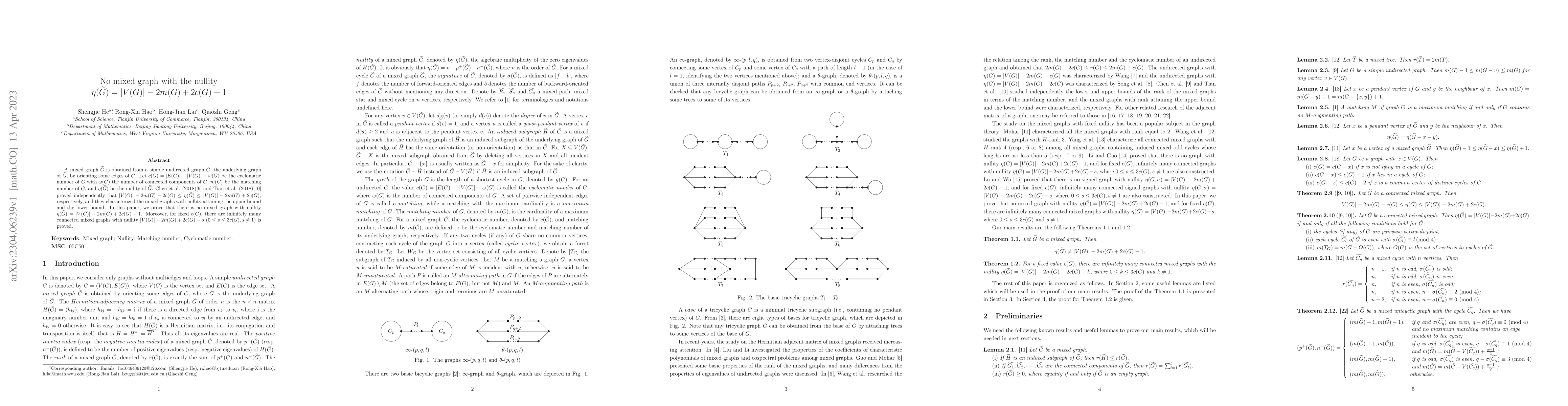 Thumbnail for No mixed graph with the nullity
  $\eta(\widetilde{G})=|V(G)|-2m(G)+2c(G)-1$