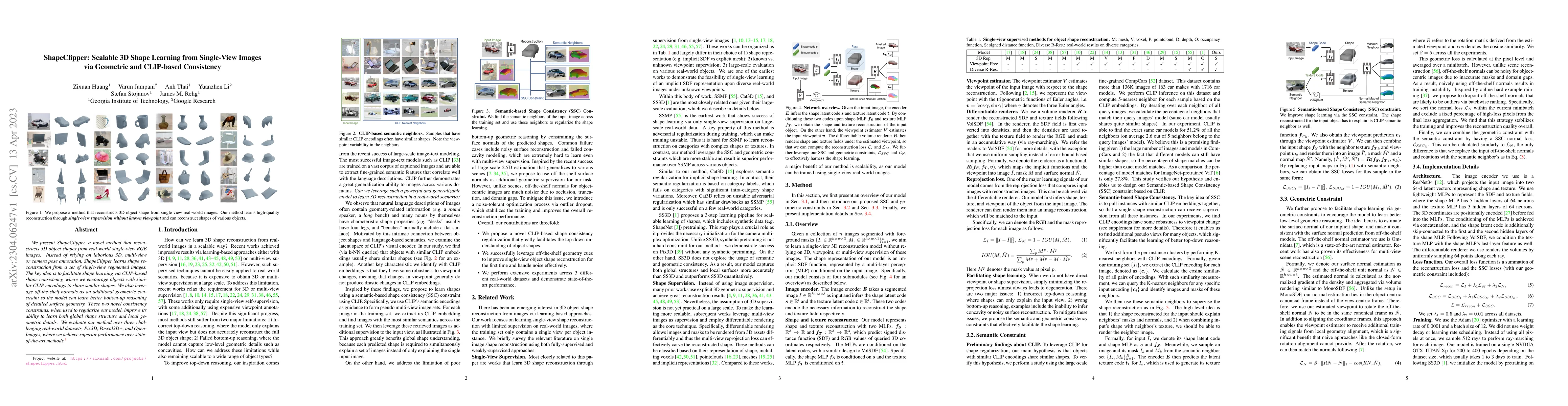 Thumbnail for ShapeClipper: Scalable 3D Shape Learning from Single-View Images via
  Geometric and CLIP-based Consistency