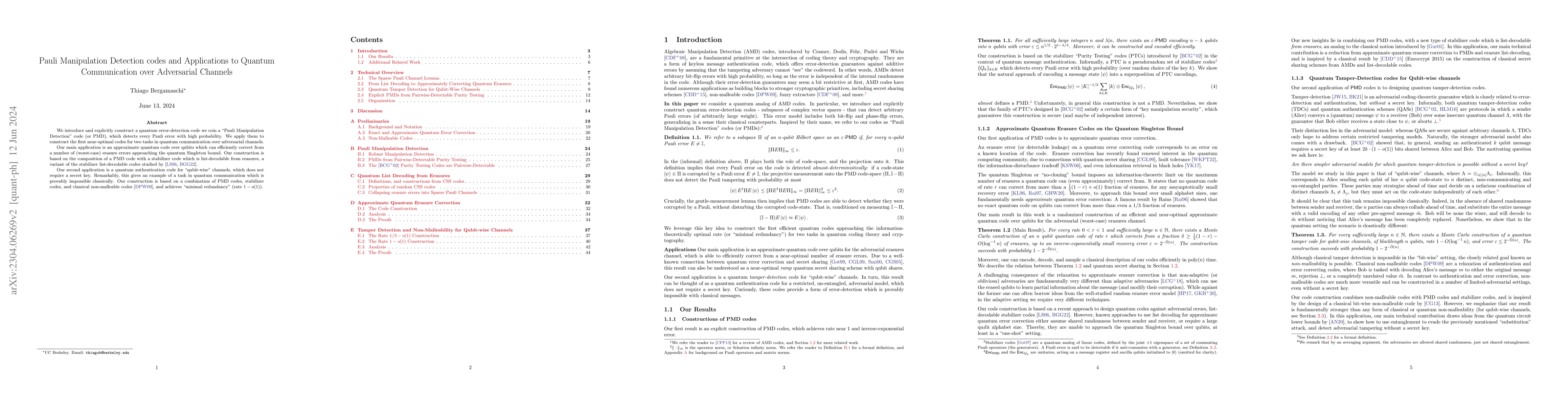 Thumbnail for Pauli Manipulation Detection codes and Applications to Quantum
  Communication over Adversarial Channels