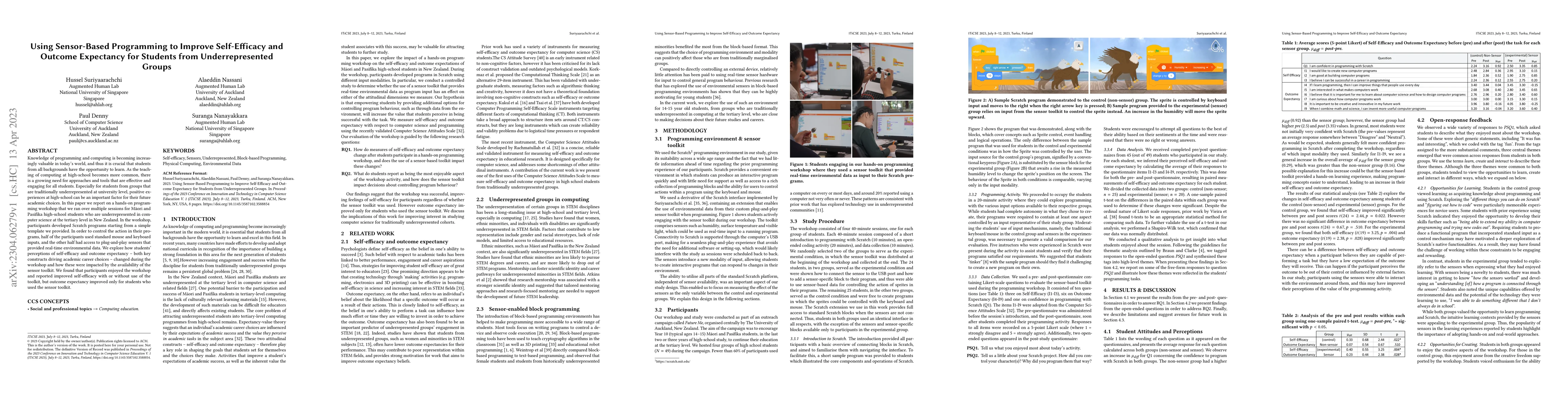 Thumbnail for Using Sensor-Based Programming to Improve Self-Efficacy and Outcome
  Expectancy for Students from Underrepresented Groups