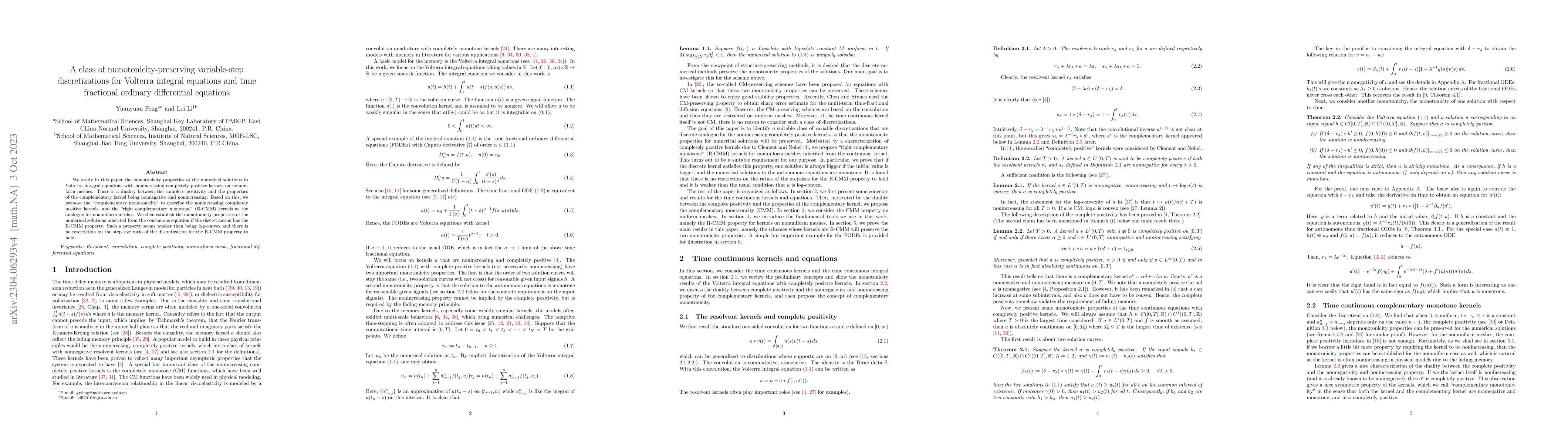 Thumbnail for A class of monotonicity-preserving variable-step discretizations for
  Volterra integral equations and time fractional ordinary differential
  equations