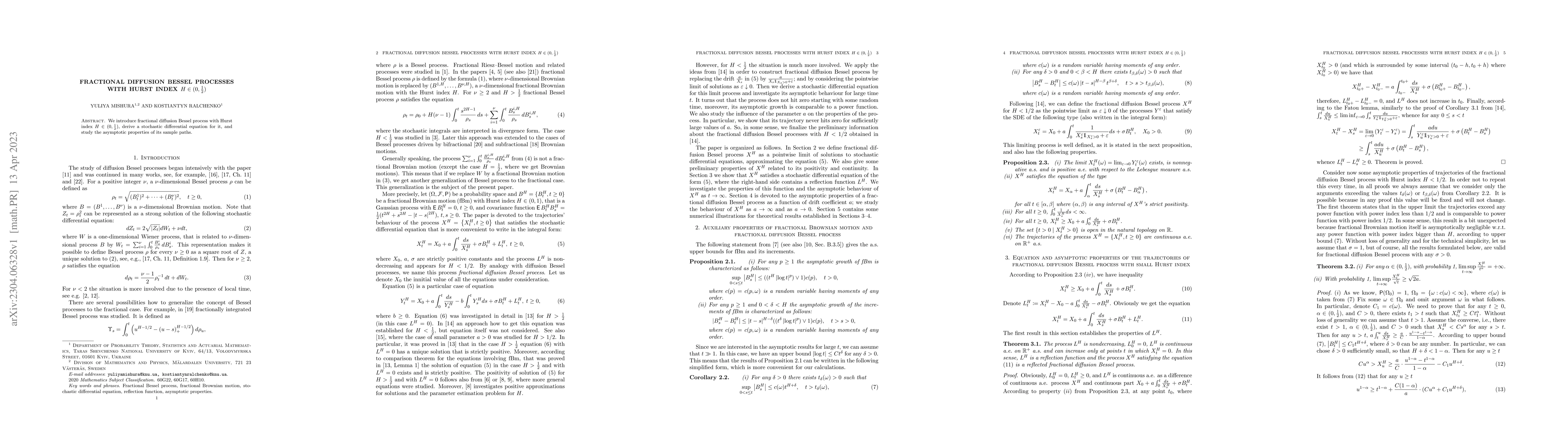 Thumbnail for Fractional diffusion Bessel processes with Hurst index $H\in(0,\frac12)$