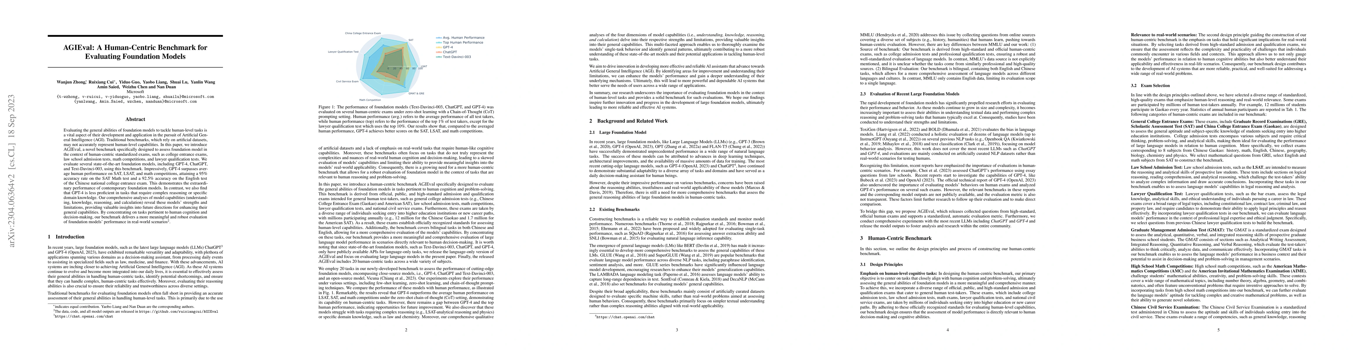 Thumbnail for AGIEval: A Human-Centric Benchmark for Evaluating Foundation Models