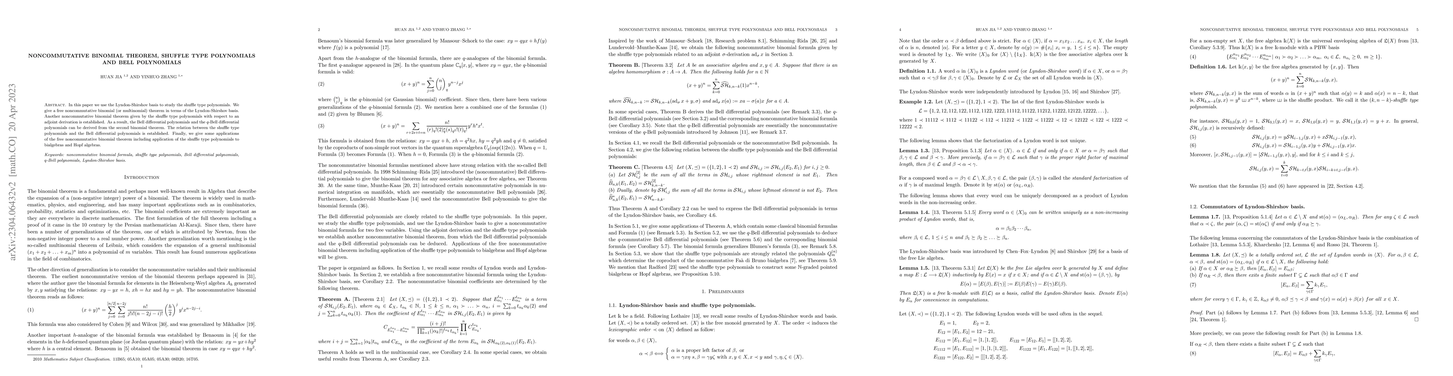 Thumbnail for Noncommutative binomial theorem, shuffle type polynomials and Bell
  polynomials