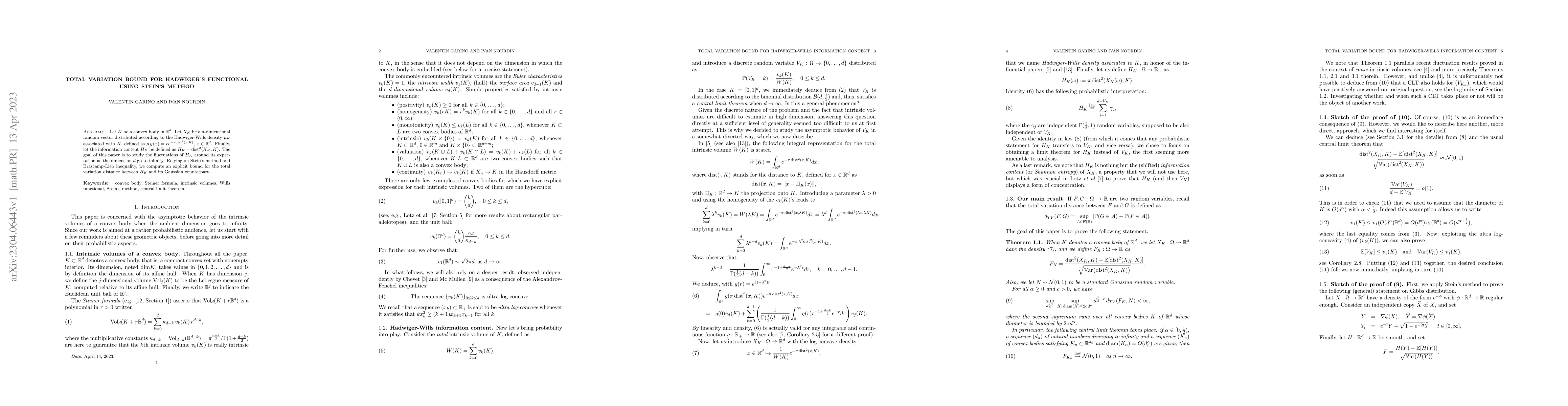 Thumbnail for Total variation bound for Hadwiger's functional using Stein's method