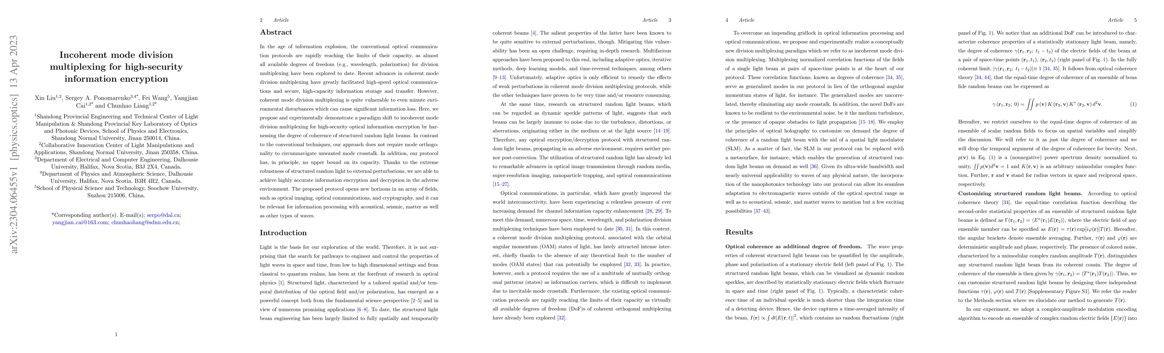 Thumbnail for Incoherent mode division multiplexing for high-security information
  encryption