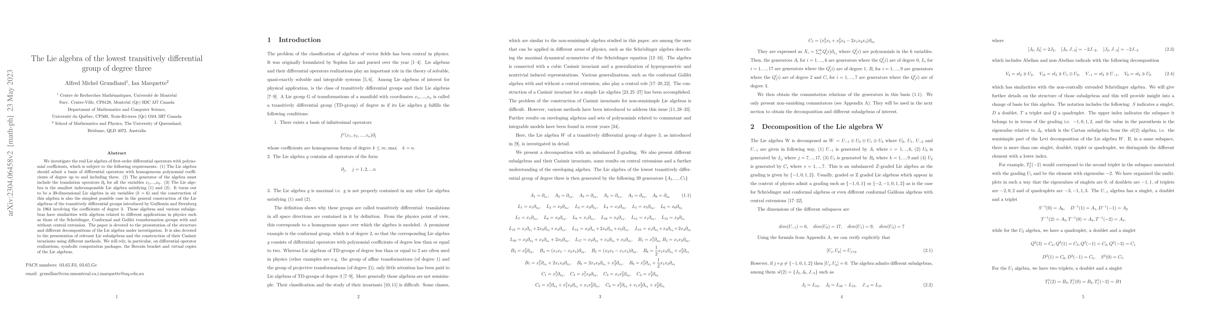 Thumbnail for The Lie algebra of the lowest transitively differential group of degree
  three