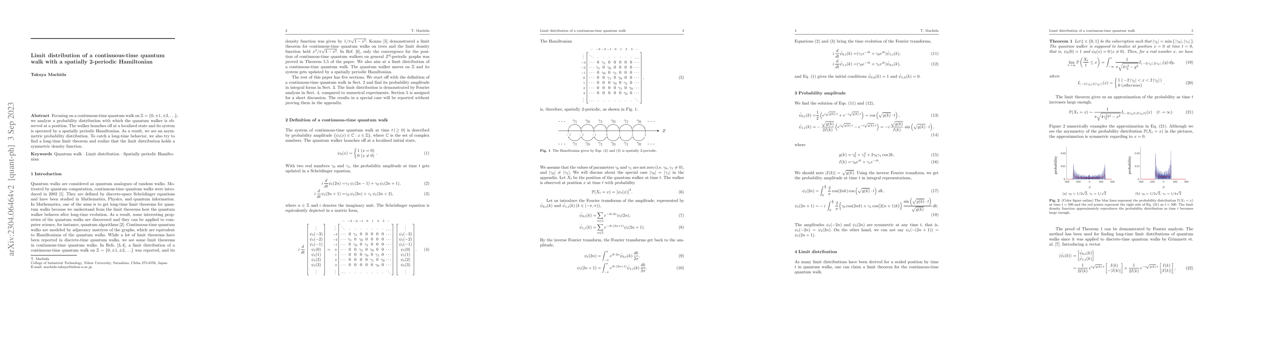 Thumbnail for Limit distribution of a continuous-time quantum walk with a spatially
  2-periodic Hamiltonian