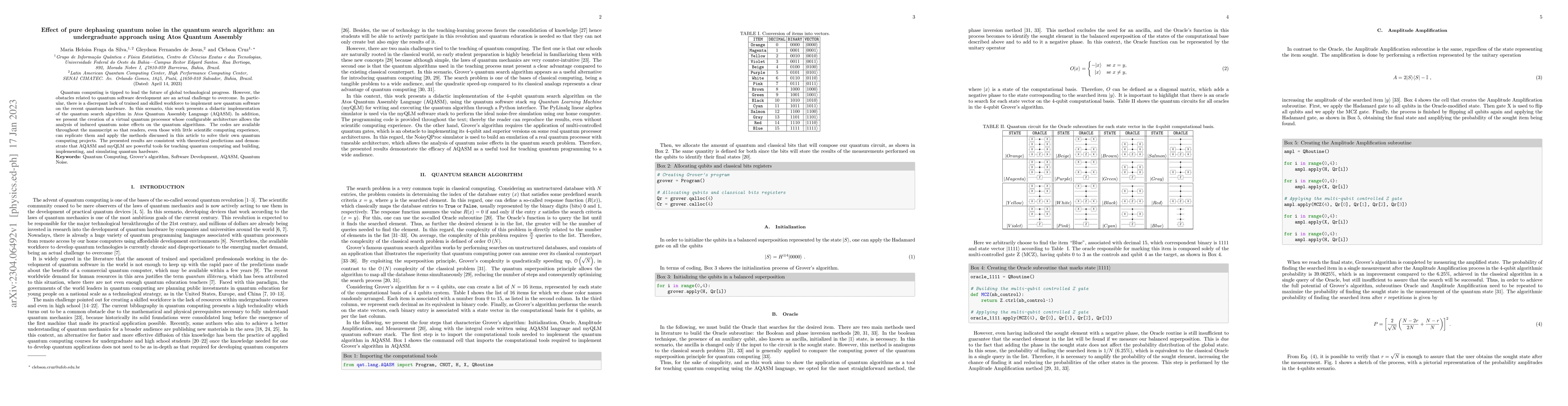 Thumbnail for Effect of pure dephasing quantum noise in the quantum search algorithm:
  an undergraduate approach using Atos Quantum Assembly