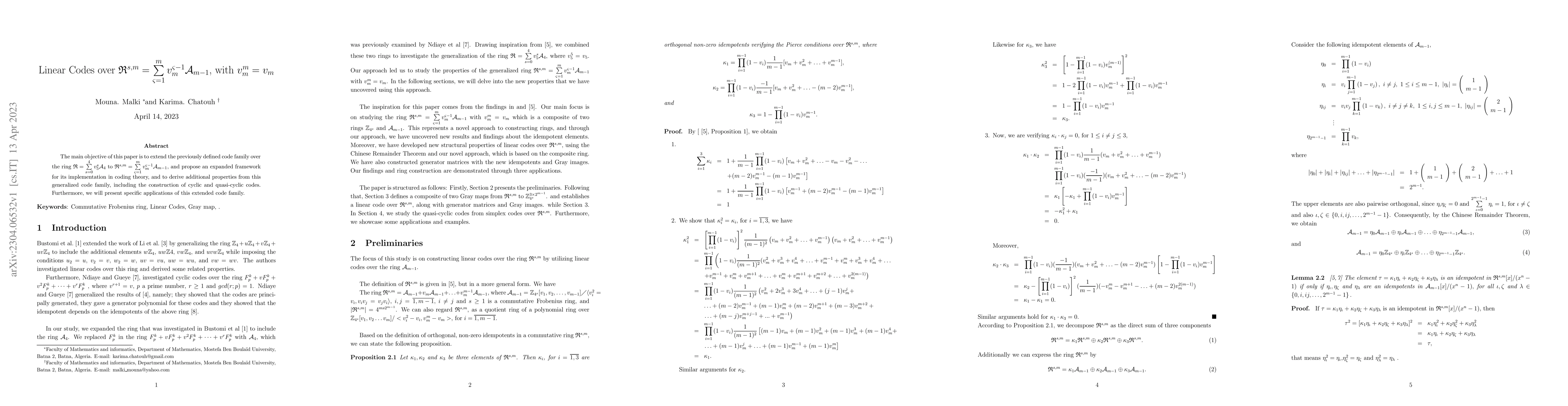 Thumbnail for Linear Codes over $\mathfrak{R}^{s,m}=\sum\limits_{\varsigma=1}^{m}
  v_{m}^{\varsigma-1}\mathcal{A}_{m-1}$, with $v_{m}^{m}=v_{m}$
