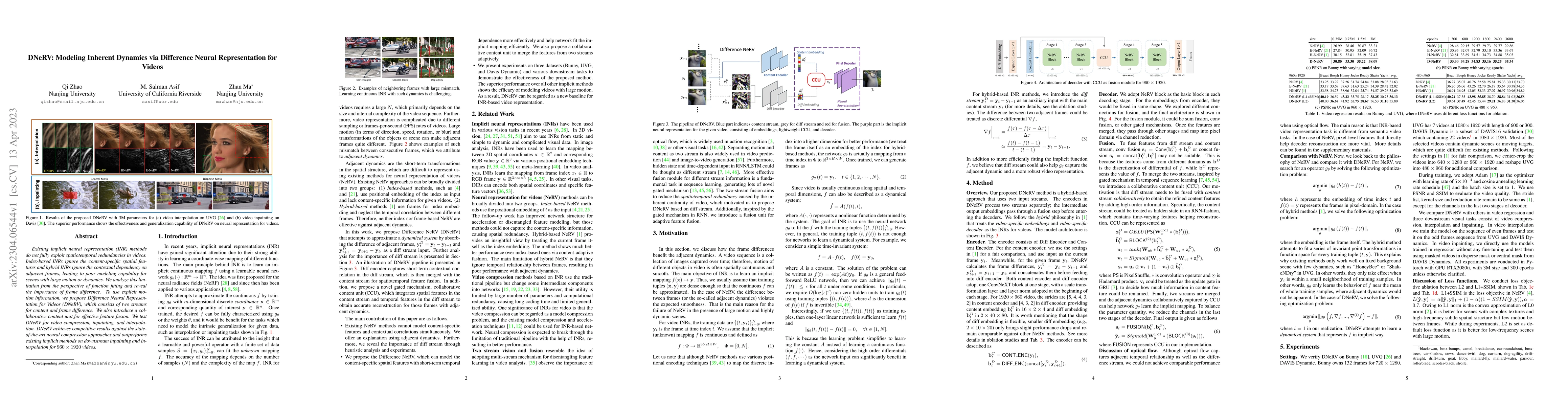 Thumbnail for DNeRV: Modeling Inherent Dynamics via Difference Neural Representation
  for Videos