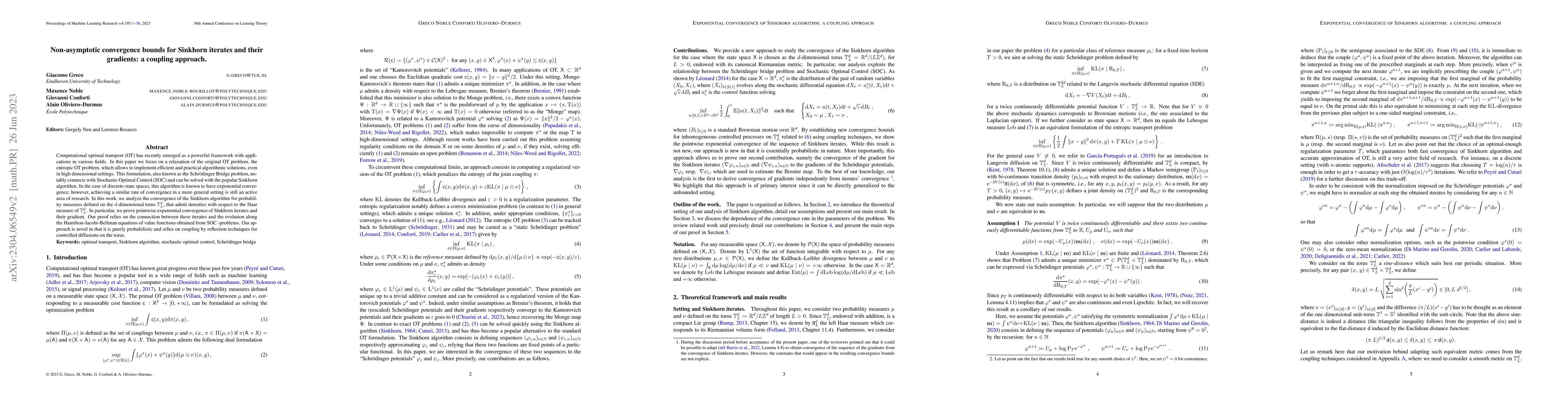 Thumbnail for Non-asymptotic convergence bounds for Sinkhorn iterates and their
  gradients: a coupling approach