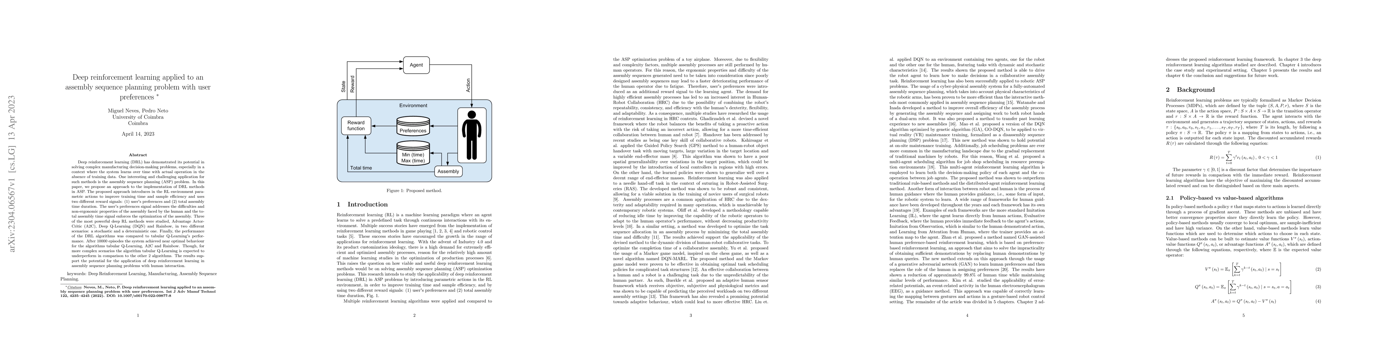 Thumbnail for Deep reinforcement learning applied to an assembly sequence planning
  problem with user preferences