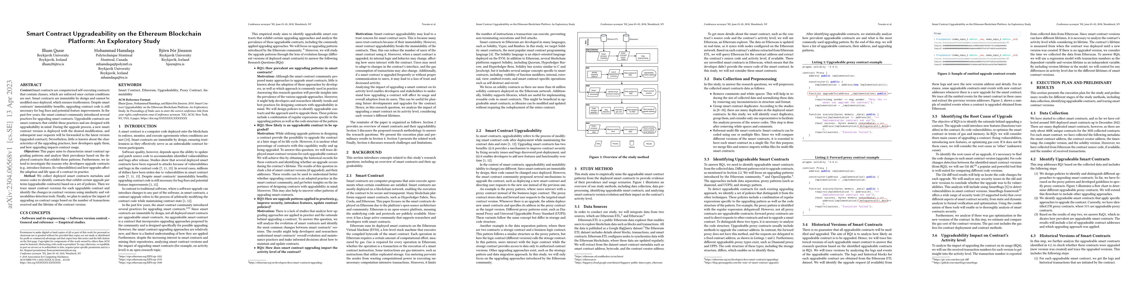 Thumbnail for Smart Contract Upgradeability on the Ethereum Blockchain Platform: An
  Exploratory Study
