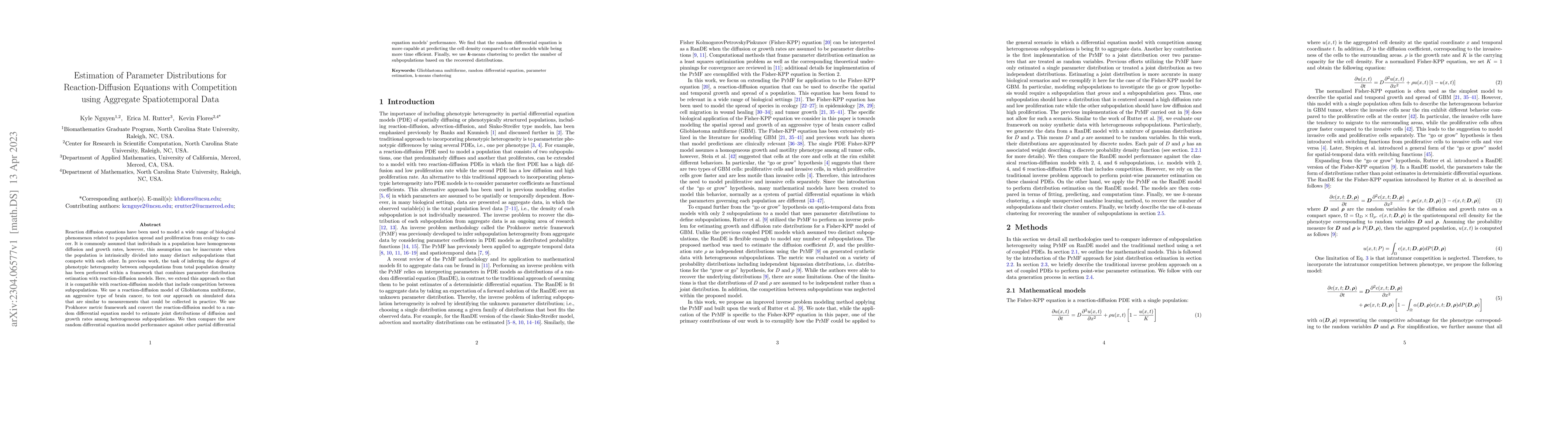 Thumbnail for Estimation of Parameter Distributions for Reaction-Diffusion Equations
  with Competition using Aggregate Spatiotemporal Data