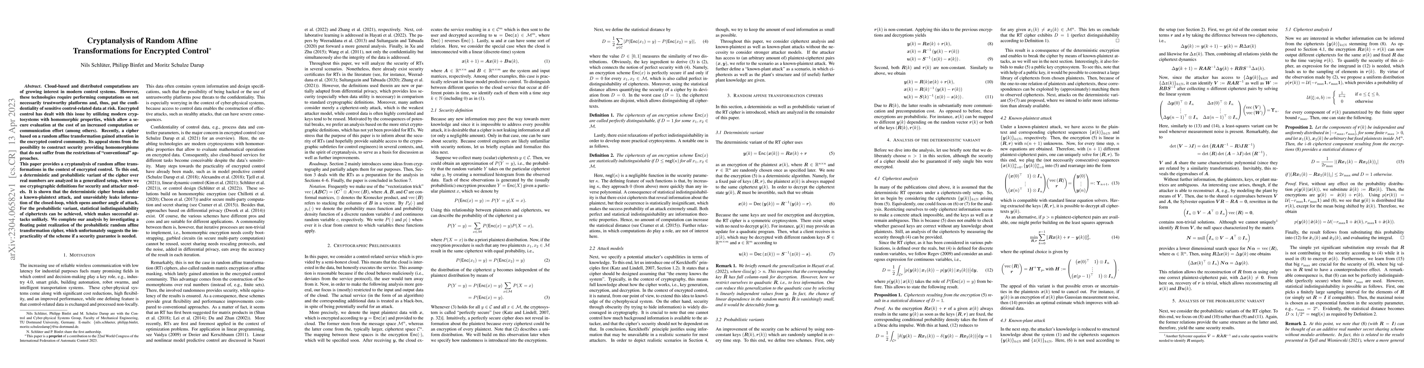 Thumbnail for Cryptanalysis of Random Affine Transformations for Encrypted Control