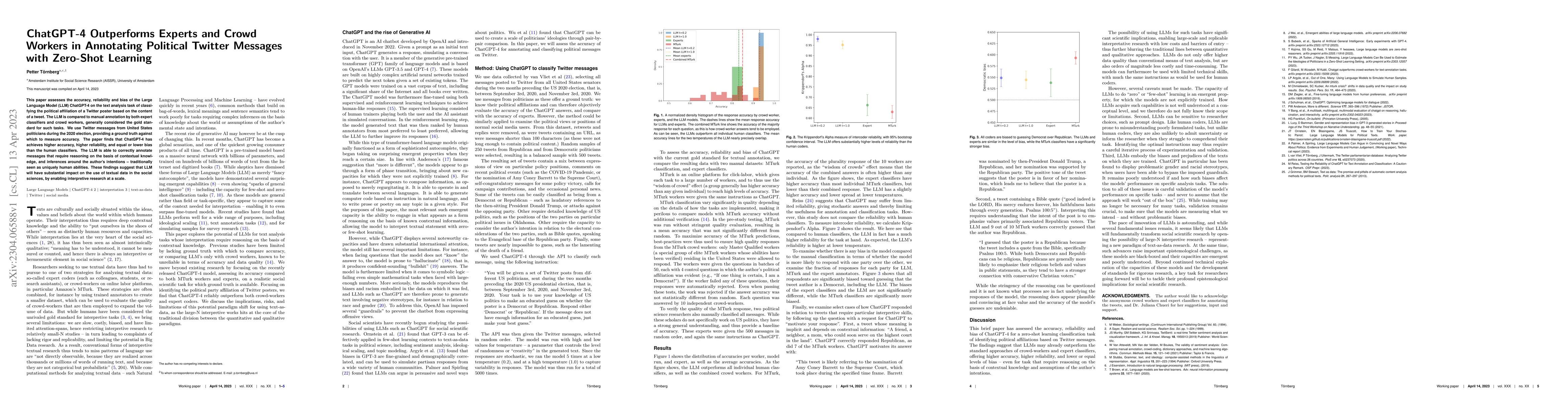 Thumbnail for ChatGPT-4 Outperforms Experts and Crowd Workers in Annotating Political
  Twitter Messages with Zero-Shot Learning