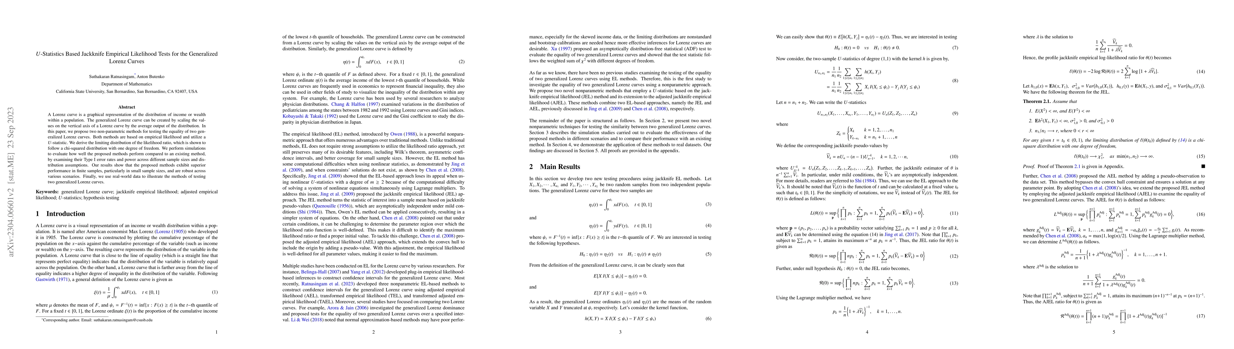 Thumbnail for U-Statistics Based Jackknife Empirical Likelihood Tests for the
  Generalized Lorenz Curves