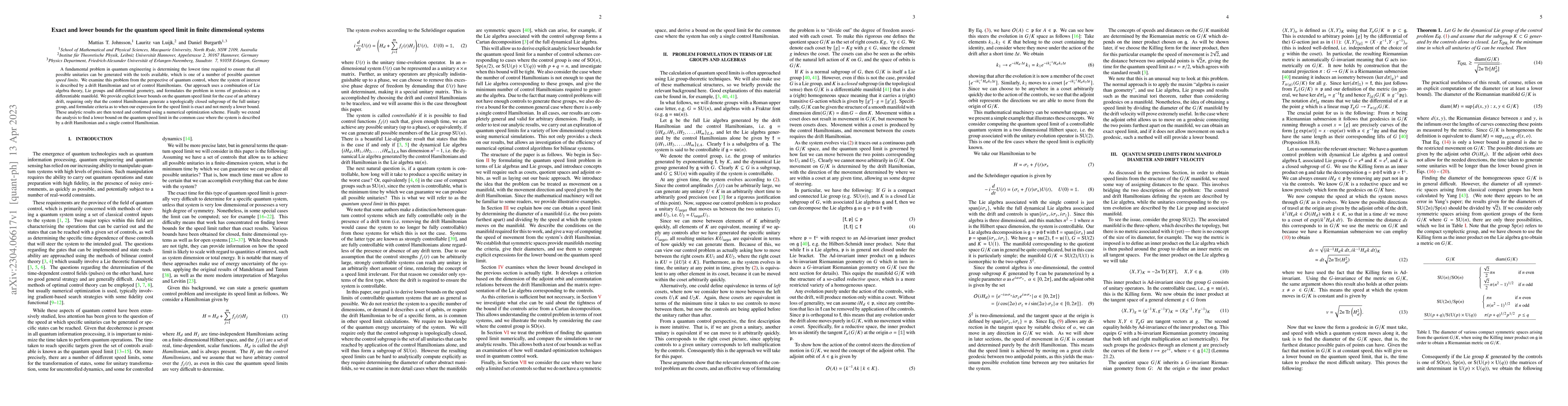 Thumbnail for Exact and lower bounds for the quantum speed limit in finite dimensional
  systems