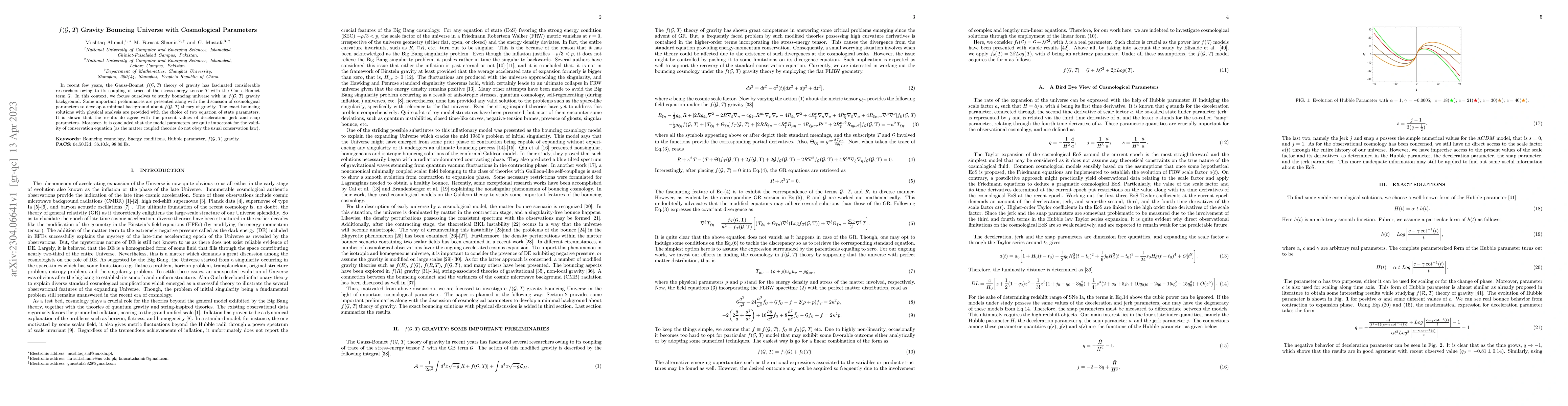 Thumbnail for $f(\mathcal{G},\mathrm{\textit{T}})$ Gravity Bouncing Universe with
  Cosmological Parameters