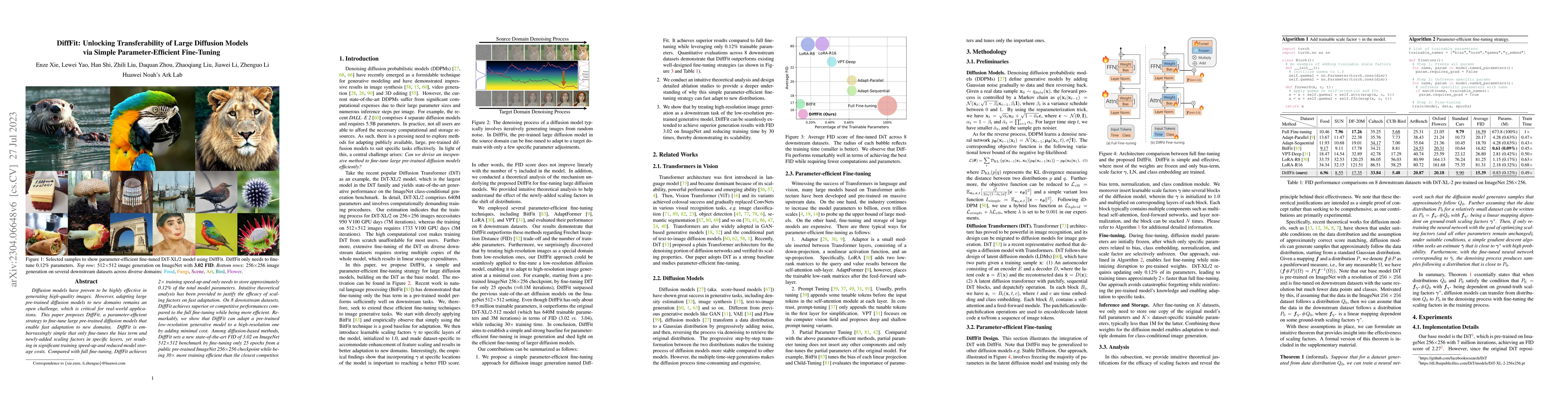 Thumbnail for DiffFit: Unlocking Transferability of Large Diffusion Models via Simple
  Parameter-Efficient Fine-Tuning