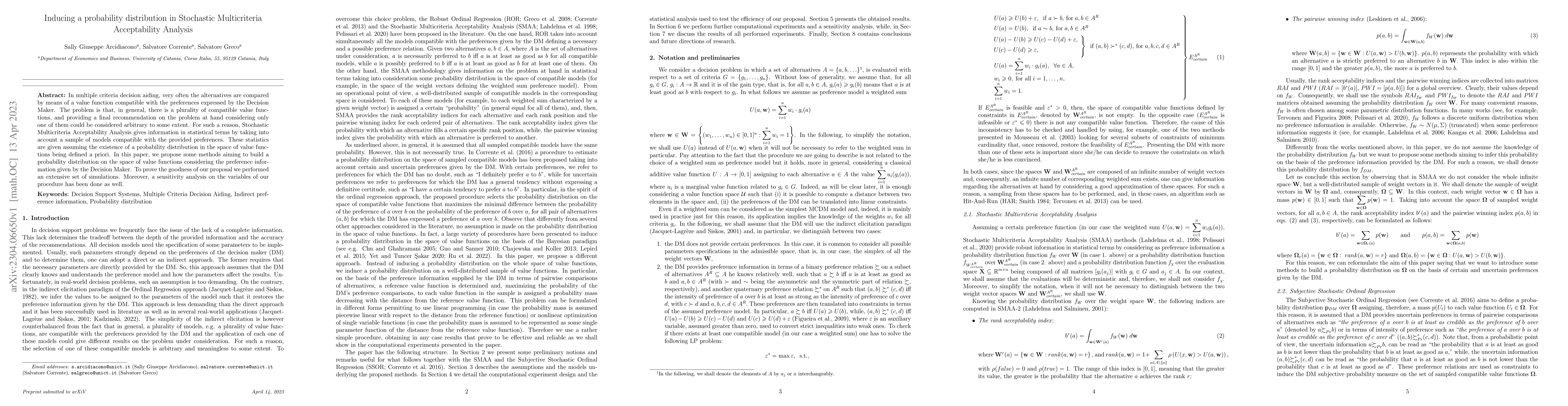 Thumbnail for Inducing a probability distribution in Stochastic Multicriteria
  Acceptability Analysis