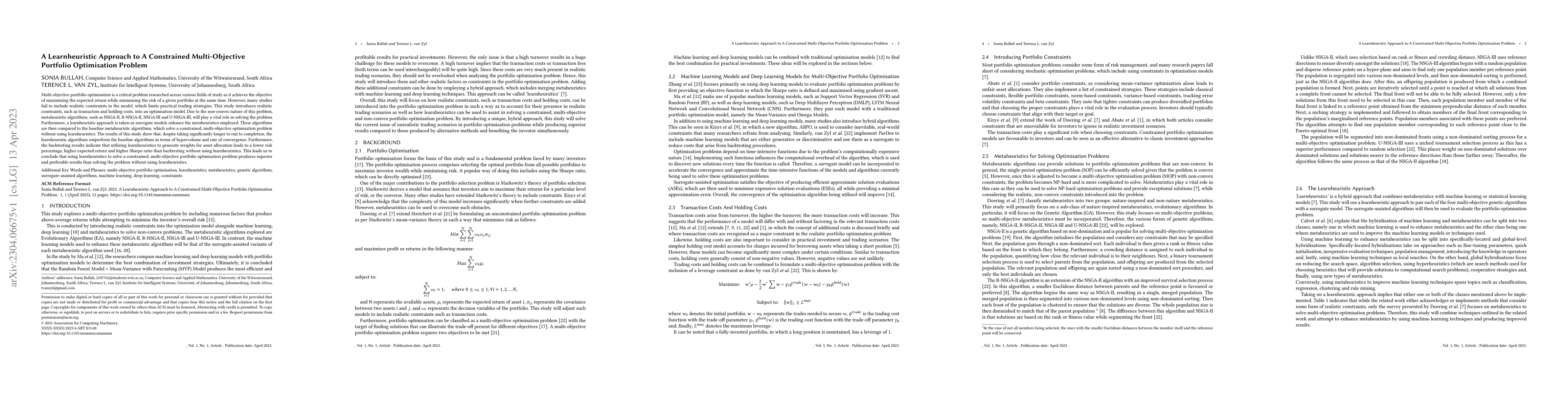 Thumbnail for A Learnheuristic Approach to A Constrained Multi-Objective Portfolio
  Optimisation Problem