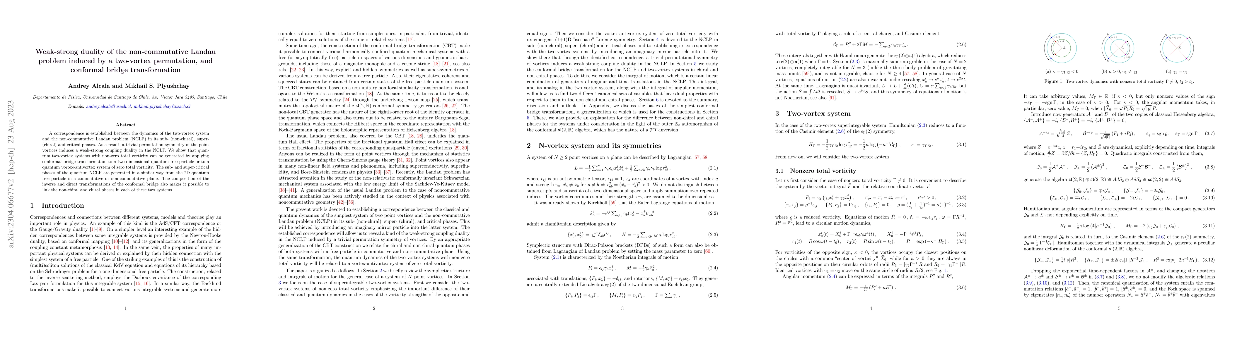 Thumbnail for Weak-strong duality of the non-commutative Landau problem induced by a
  two-vortex permutation, and conformal bridge transformation