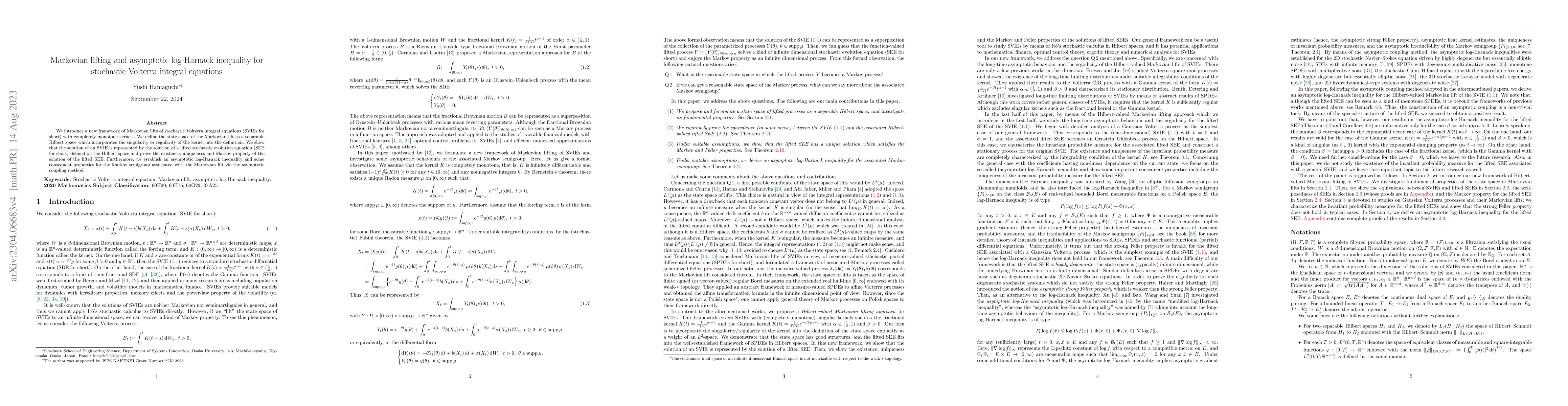 Thumbnail for Markovian lifting and asymptotic log-Harnack inequality for stochastic
  Volterra integral equations