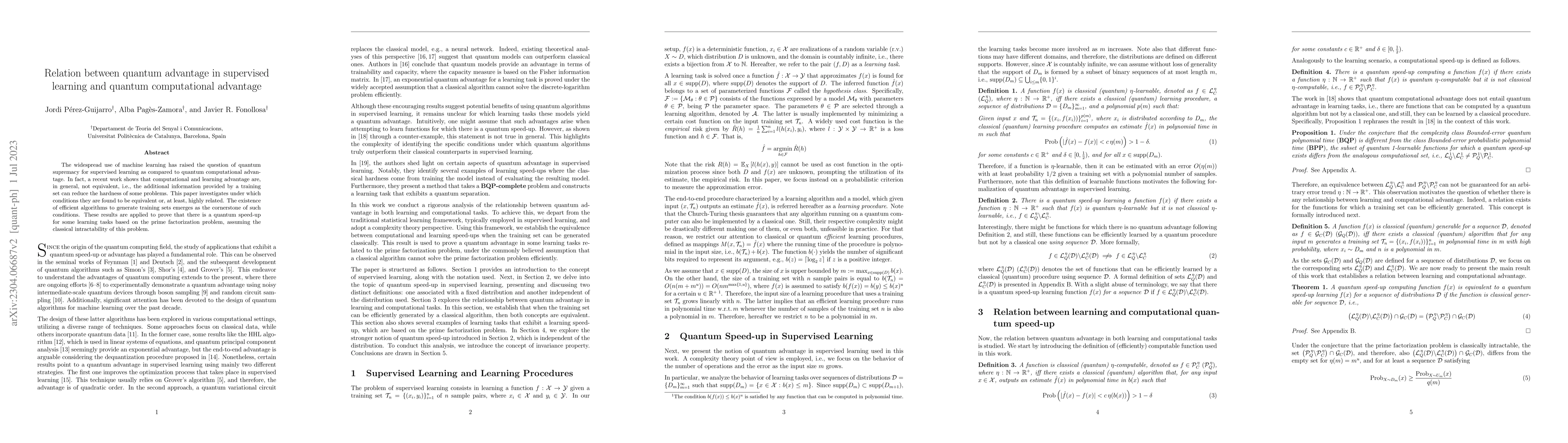 Thumbnail for Relation between quantum advantage in supervised learning and quantum
  computational advantage
