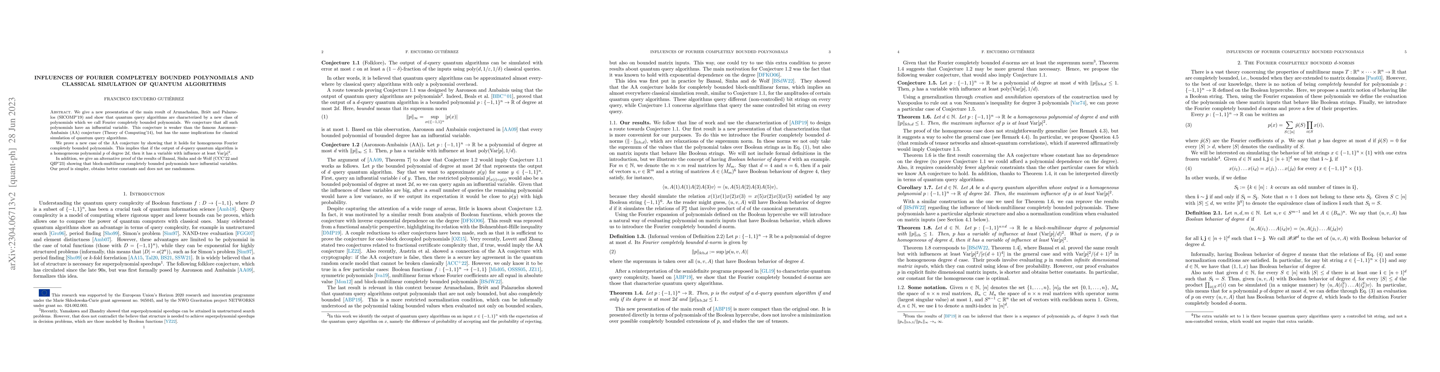 Thumbnail for Influences of Fourier Completely Bounded Polynomials and Classical
  Simulation of Quantum Algorithms