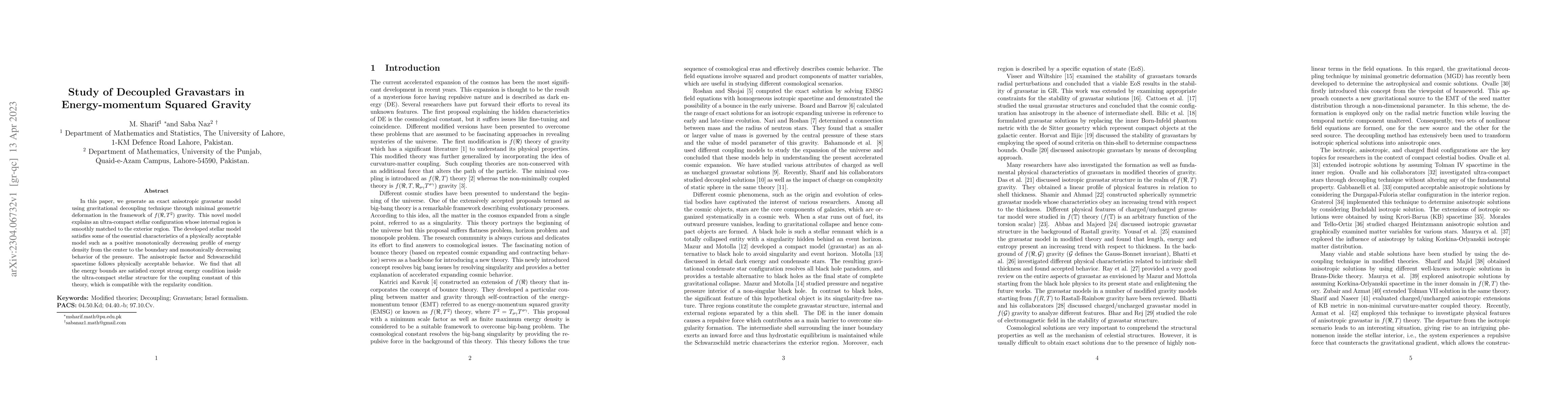 Thumbnail for Study of Decoupled Gravastars in Energy-momentum Squared Gravity