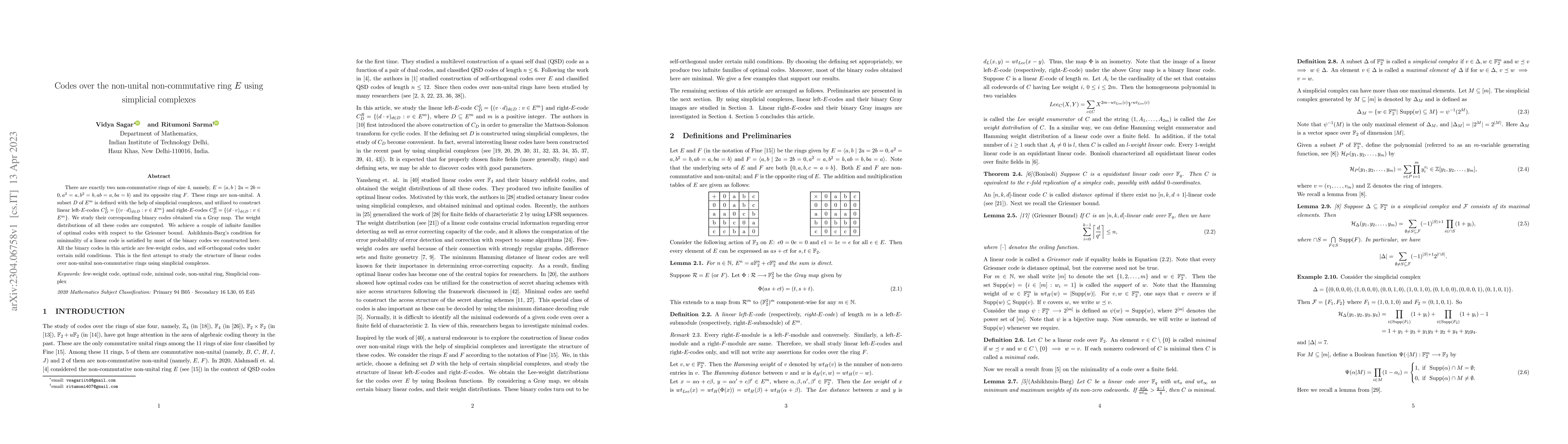 Thumbnail for Codes over the non-unital non-commutative ring $E$ using simplicial
  complexes