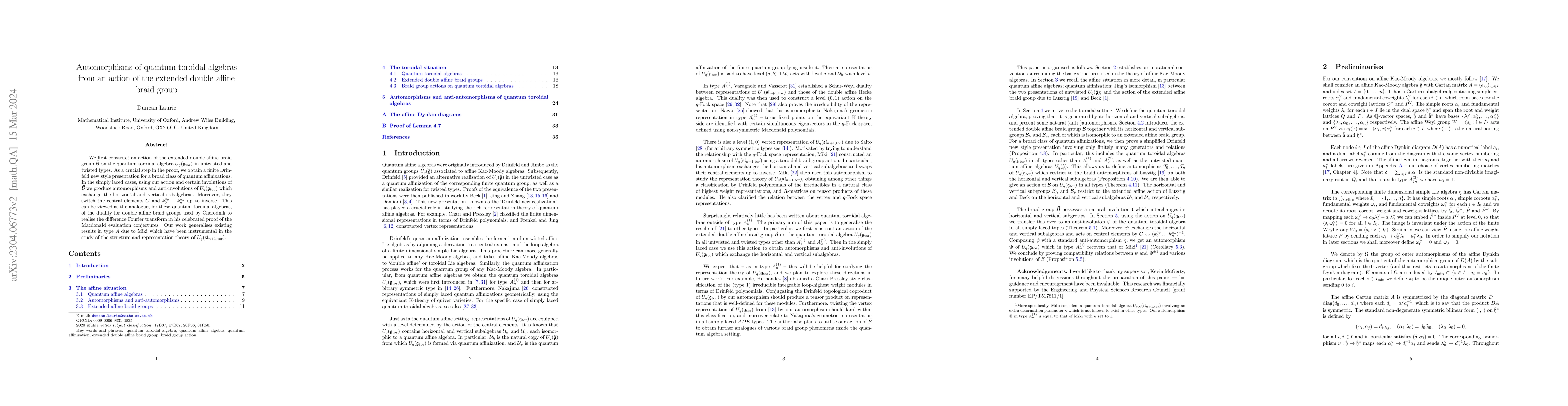Thumbnail for Automorphisms of quantum toroidal algebras from an action of the
  extended double affine braid group