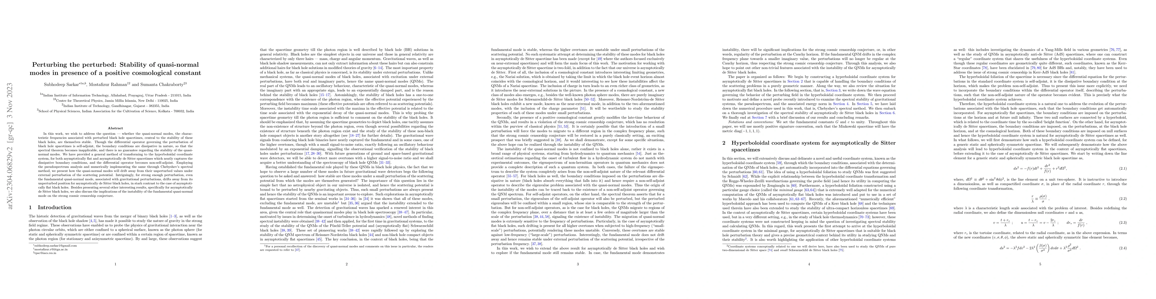 Thumbnail for Perturbing the perturbed: Stability of quasinormal modes in presence of
  a positive cosmological constant