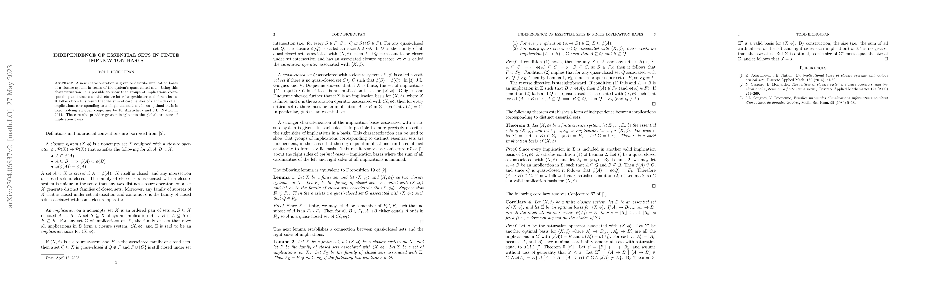 Thumbnail for Independence of Essential Sets in Finite Implication Bases