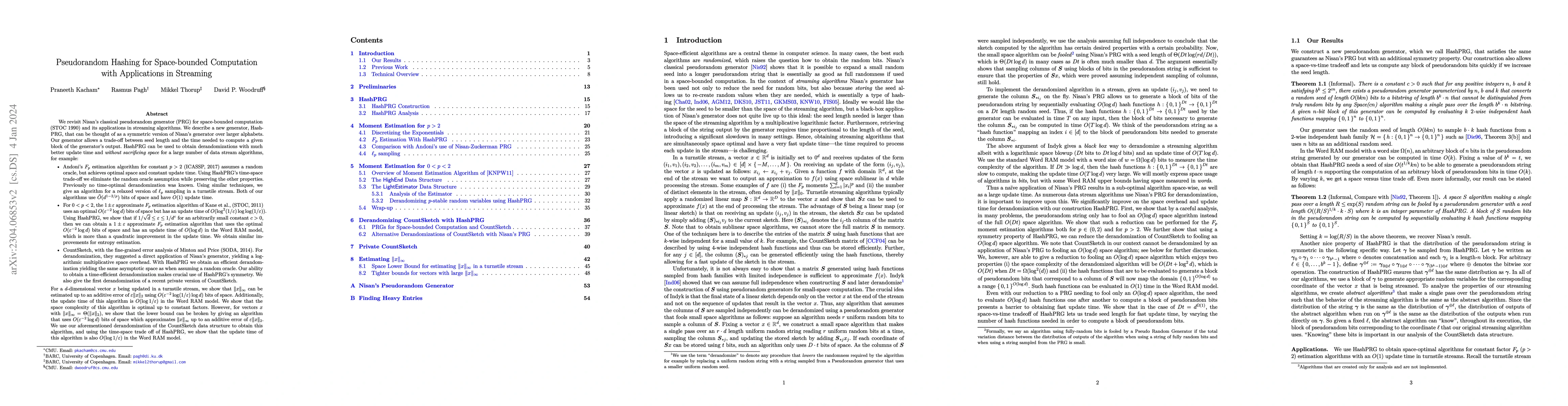 Thumbnail for Pseudorandom Hashing for Space-bounded Computation with Applications in
  Streaming