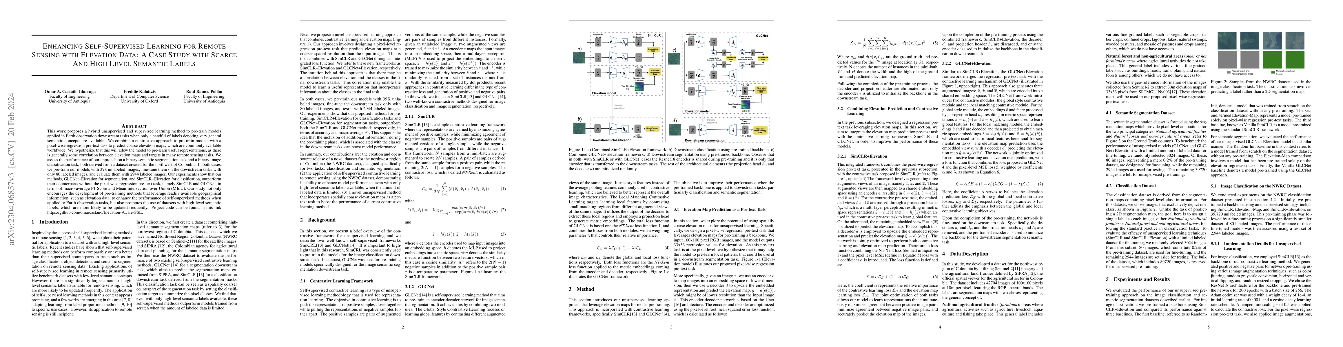 Thumbnail for Enhancing Self-Supervised Learning for Remote Sensing with Elevation
  Data: A Case Study with Scarce And High Level Semantic Labels