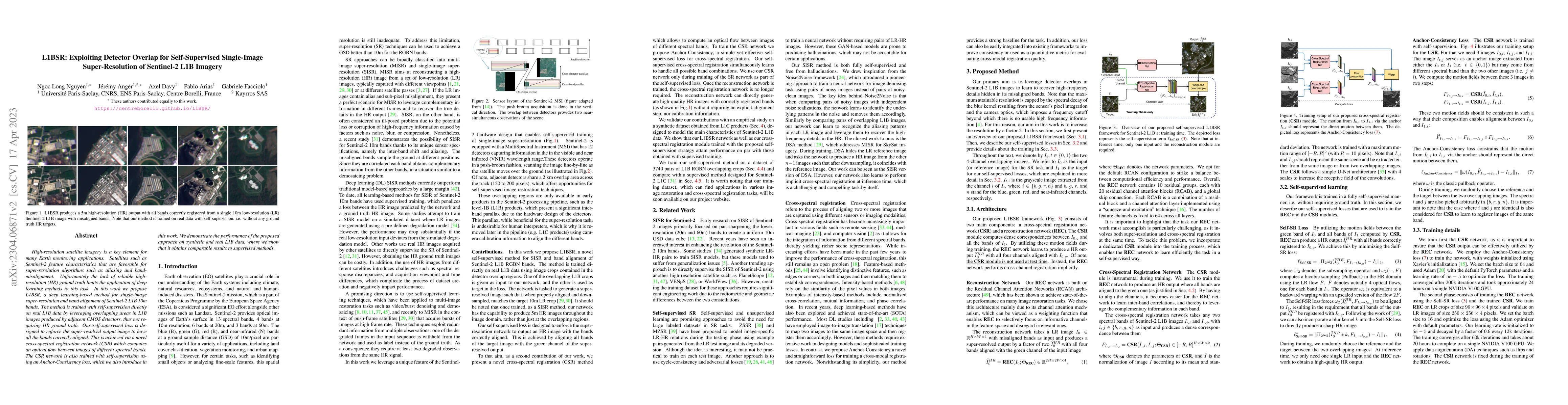 Thumbnail for L1BSR: Exploiting Detector Overlap for Self-Supervised Single-Image
  Super-Resolution of Sentinel-2 L1B Imagery