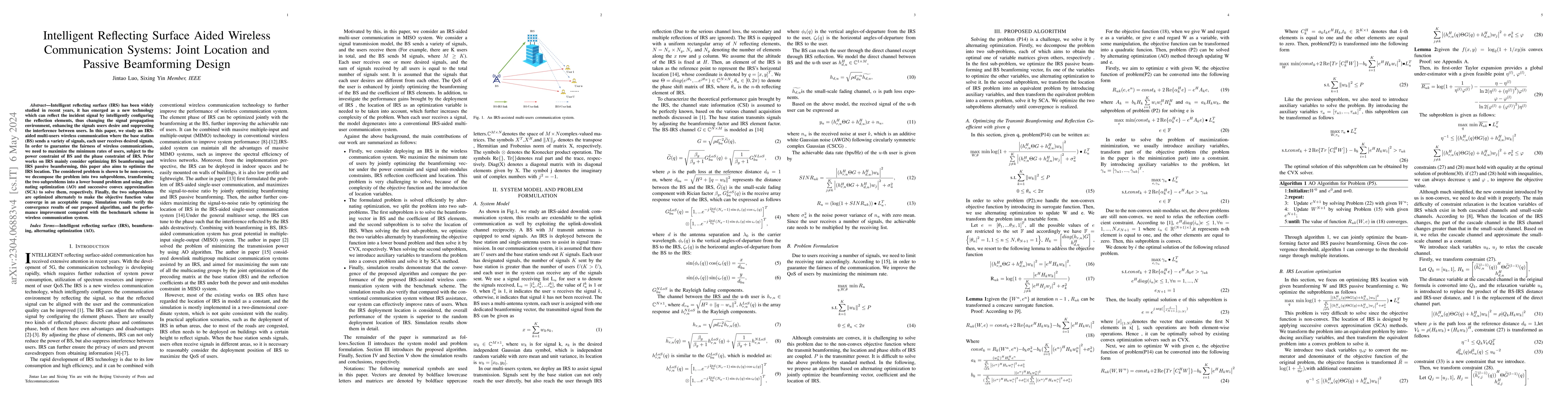 Thumbnail for Intelligent Reflecting Surface Aided Wireless Communication Systems:
  Joint Location and Passive Beamforming Design