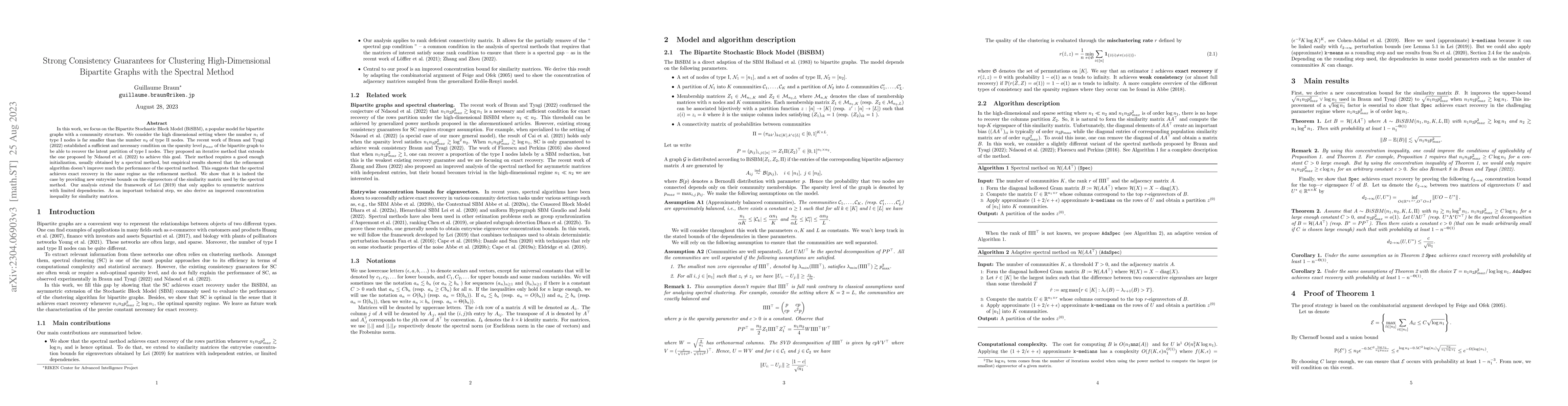 Thumbnail for Strong Consistency Guarantees for Clustering High-Dimensional Bipartite
  Graphs with the Spectral Method